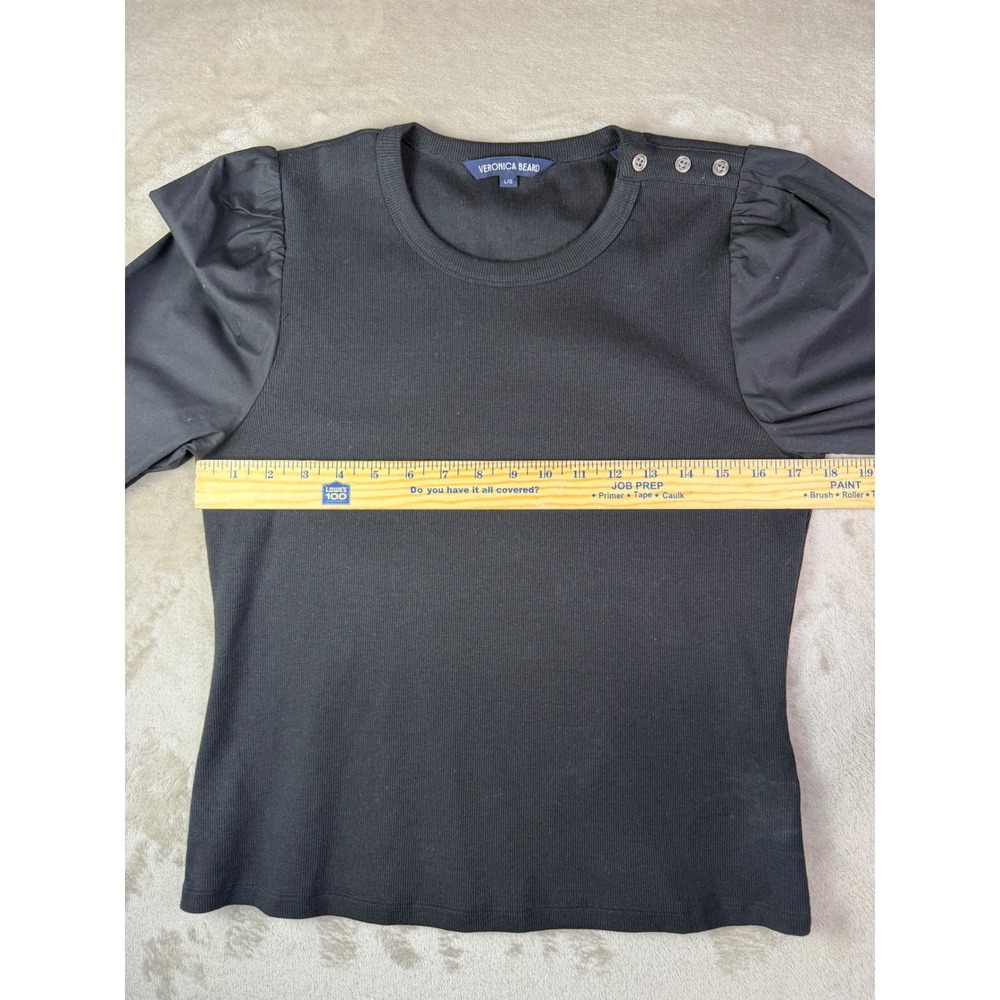 Veronica Beard Black Size Large Fersia Mixed Media Puff Sleeve Ribbed Top Blouse - Picture 11 of 13